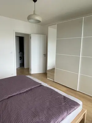 a bedroom with a bed and a large closet at Nová Nuselská in Prague