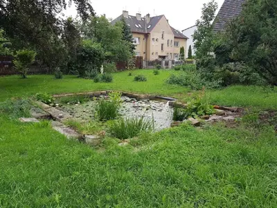 a garden with a pond in the middle of a yard at Rodinný dům pod Hazemburkem in Libochovice
