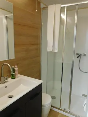 a bathroom with a shower and a sink and a toilet at Hausbót na Vltavě in Hradištko