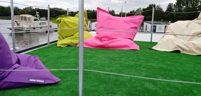 a boat with green grass and pink cushions on it at Hausbót na Vltavě in Hradištko