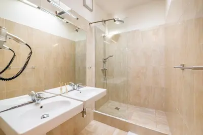 a bathroom with a sink and a shower at Templová - Old Town Large Apartment with Terrace in Prague