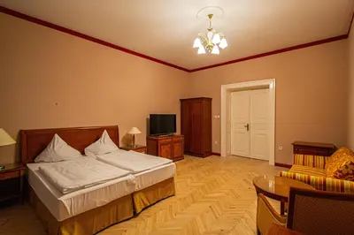 a bedroom with a bed and a table and a television at 4 Bedrooms 130m2 apartment at the Main City Square in Prague