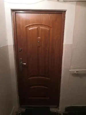 a wooden door in the corner of a room at Economy flat 18 minutes from Vaclavske namesti in Prague