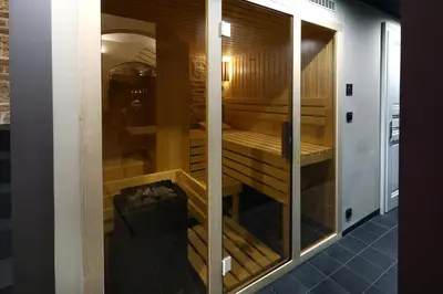 a sauna is shown in a room with wooden walls at American Loft in the Heart of Prague in Prague