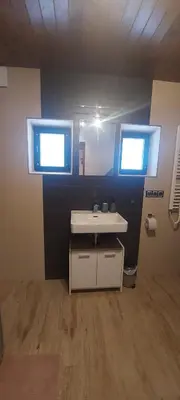 a bathroom with a sink and two windows at Hlučov Lesní Chalupa in Kokořín