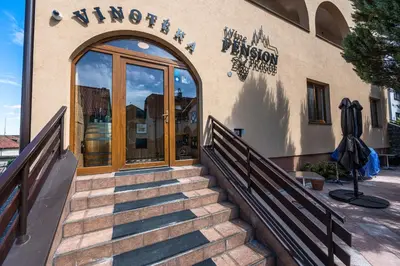 a building with stairs in front of a window at Wine Pension Prague in Prague