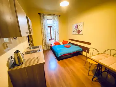 a kitchen with a bed in the middle of a room at Pension 15 Homér in Prague