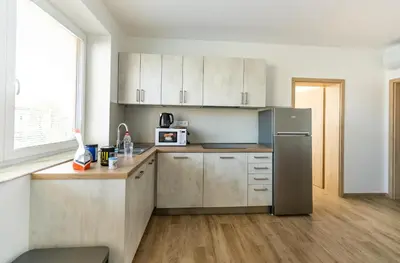 a kitchen with white cabinets and a stainless steel refrigerator at Home Le Fame in Prague