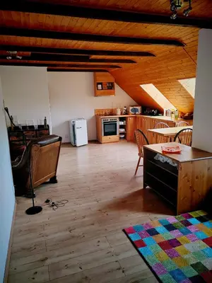 a living room with a wooden floor and a kitchen at apartmán Sázava in Sázava