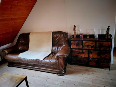 a brown leather couch sitting in a room with a table at apartmán Sázava in Sázava