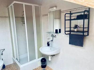 a bathroom with a sink and a shower at Hvězdonice Hostinec U Kuželků in Hvězdonice
