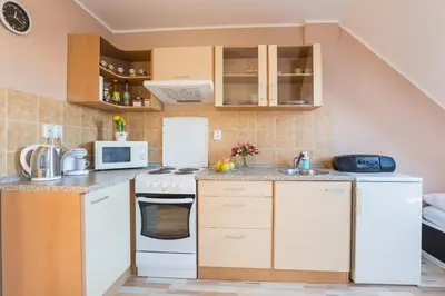a small kitchen with white cabinets and a sink at Jane's Charming Apartment in Prague