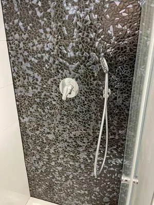 a shower in a bathroom with a black and silver shower curtain at 2-Bed Apartment in Praha in Hřebečníky