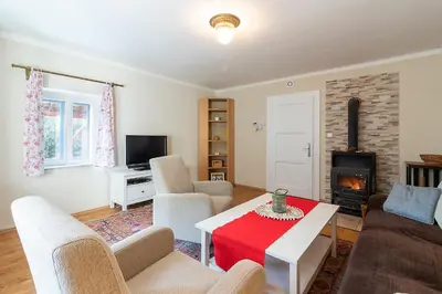 a living room with a couch and a table and a fireplace at Oplanská chalupa in Oplany