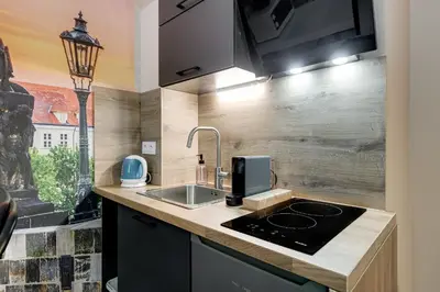 a kitchen with a sink and a counter top at Cosy apartment right after the National Museum in Prague