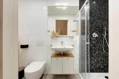 a bathroom with a sink and a toilet and a shower at Cosy apartment right after the National Museum in Prague