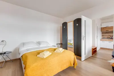 a living room with a couch and a tv at Sunshine Apartment near the City center in Prague