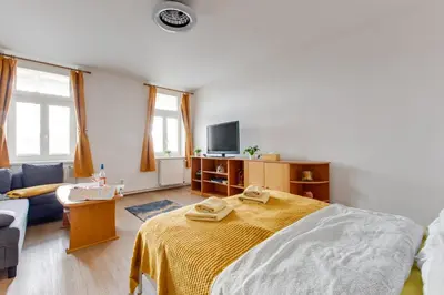 a living room with a couch and a table at Sunshine Apartment near the City center in Prague