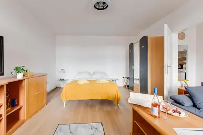 a living room with a bed and a couch at Sunshine Apartment near the City center in Prague
