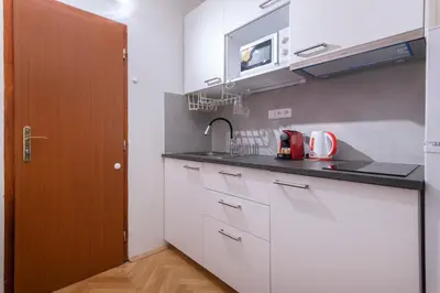 a kitchen with white cabinets and a sink at Historic Spirit at Studio under the Prague Castle in Prague