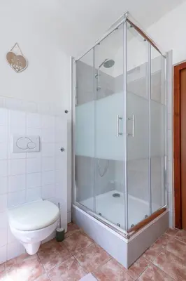 a bathroom with a shower and a toilet at Historic Spirit at Studio under the Prague Castle in Prague