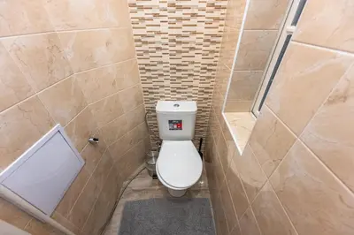 a bathroom with a toilet and a walk in shower at Apartments Safarikova 18 in Prague