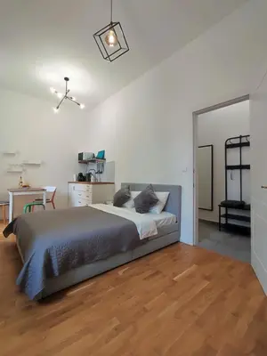 a bedroom with a large bed and a desk at 420Welcome.Inn in Prague