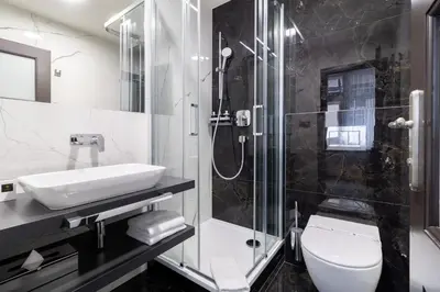a bathroom with a shower and a toilet and a sink at Hotel Ikona in Prague