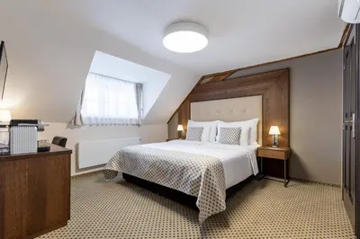 a bedroom with a large bed and a window at Hotel Ikona in Prague