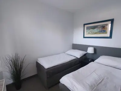 a room with two beds and a plant in it at DoMo apartment in Středokluky
