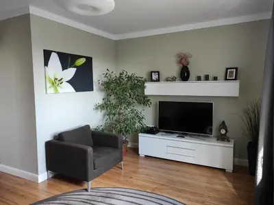 a living room with a television and a chair at DoMo apartment in Středokluky