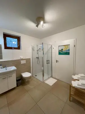 a bathroom with a shower and a toilet and a sink at Kersko Apartments in Hradišťko