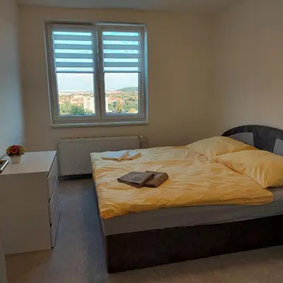 a bedroom with a bed and a window at View of Prague in Prague