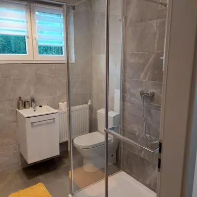 a bathroom with a shower and a toilet and a sink at View of Prague in Prague