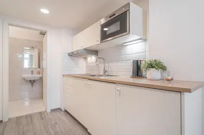 a white kitchen with a sink and a counter at Útulny byt v centru Prahy in Prague
