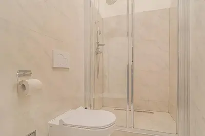 a white bathroom with a shower and a toilet at Útulny byt v centru Prahy in Prague