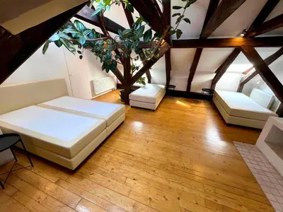 a room with two beds and a tree in it at Kristian's Old Town Sq. Apartments in Prague