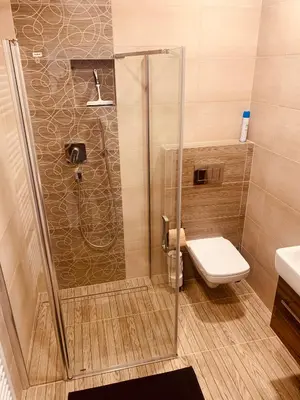 a bathroom with a shower and a toilet at Apartmány Županovice in Dobříš