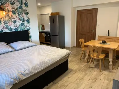 a bedroom with a bed and a table and a kitchen at Apartmány Županovice in Dobříš