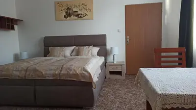 a bedroom with a bed and a table and a chair at Apartmán Poděbrady in Poděbrady