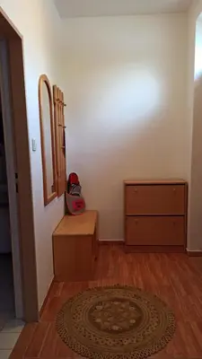a room with a dresser and a mirror and a rug at Apartmán Poděbrady in Poděbrady