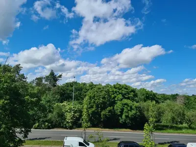 a car parked in a parking lot next to trees at Airport Rooms in Prague