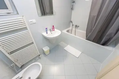a bathroom with a sink and a toilet and a tub at Jiriho z Podebrad Apartments in Prague