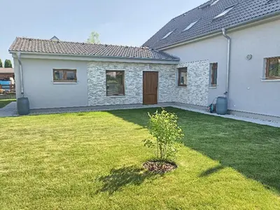 a house with a yard with a plant in it at Ubytování U Vrbičky - blízko Prahy in Unhošť