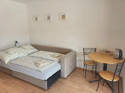 a small bedroom with a bed and a table at Ubytování U Vrbičky - blízko Prahy in Unhošť