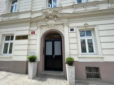a building with a black door and two plants at Figaro Suites in Prague