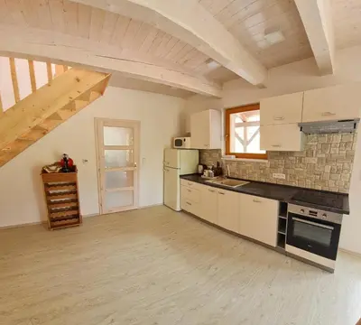 a kitchen with white appliances and a wooden ceiling at Chata Eliška Hrdlička, Čím u Prahy in Čím