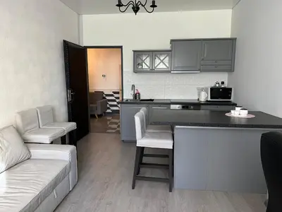 a kitchen and living room with a couch and a table at APARTMEN PRAHA in Prague