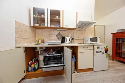 a small kitchen with a counter and a refrigerator at Riverside Apartment in Prague