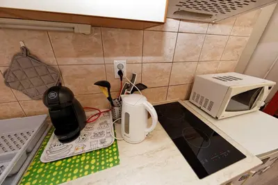 a kitchen counter with a microwave and a coffee maker at Riverside Apartment in Prague